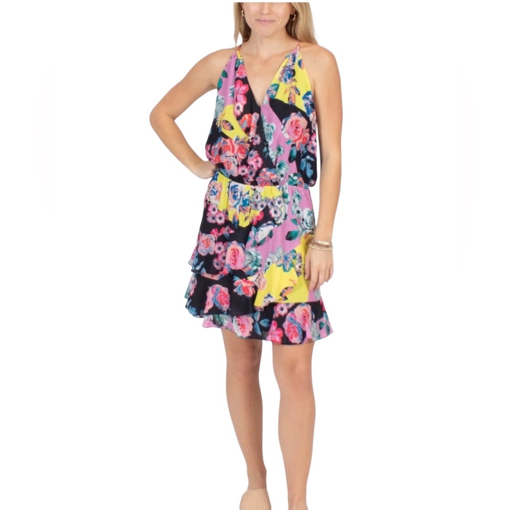 EUC Parker “Carmine” Floral Ruffled Wrap Halter Mini Dress
